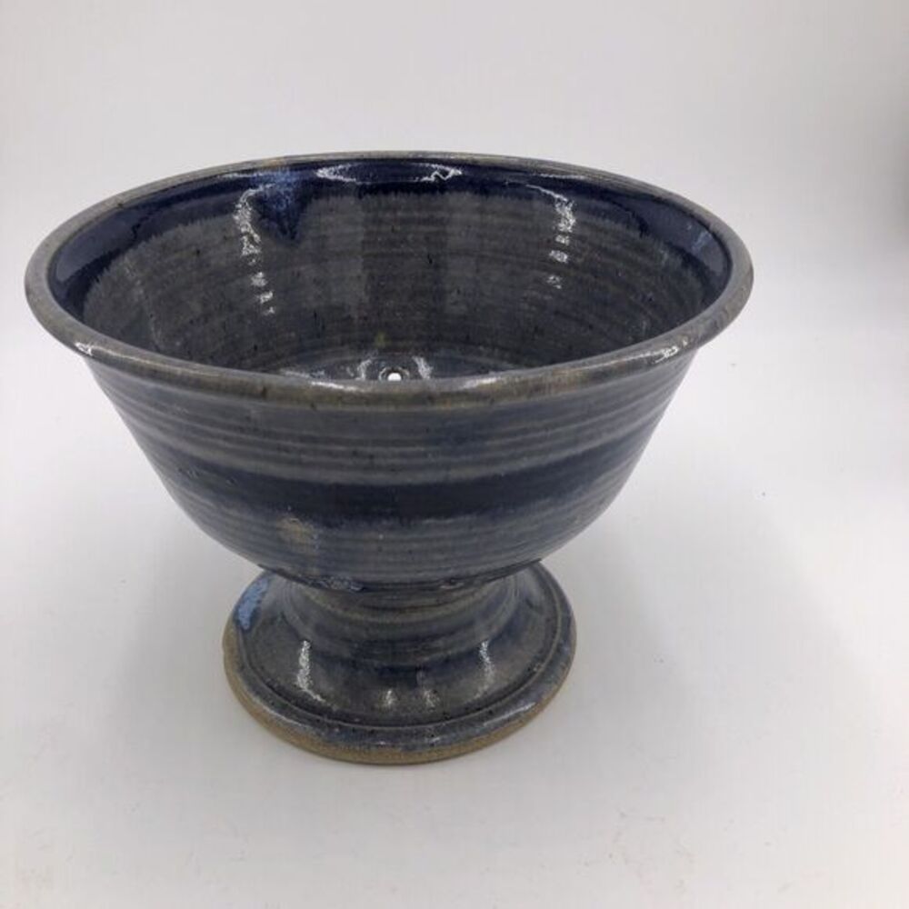 Colander Pottery Ceramic Handmade Pedestal Berry Strainer Two Tone Blue Rustic